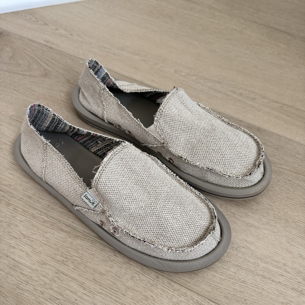 Sanuk Donna St Hemp Slip-On Soft Top Shoes Women's 8 Natural Beige Frayed Edge